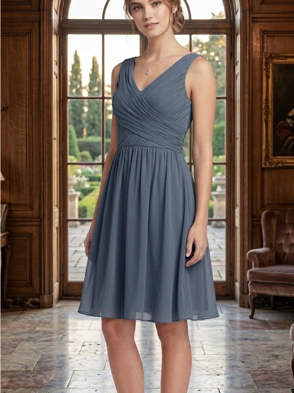 H&M Sleeveless V-Neck Lined Gray Chiffon Dress Cocktail Midi Size 6